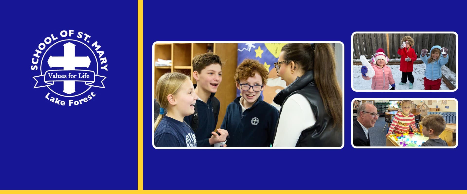 The School of St. Mary seal beside photos of middle-school students with a teacher, preschoolers playing in the snow, and an adult with two children at a classroom light table
